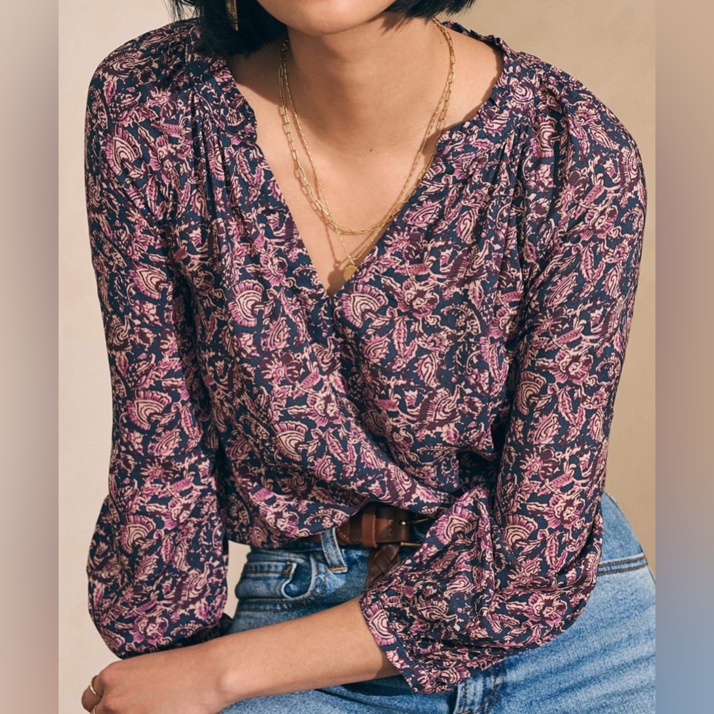 Faherty Navy and Pink Portia Patterned Top Women’s‎ Size XS